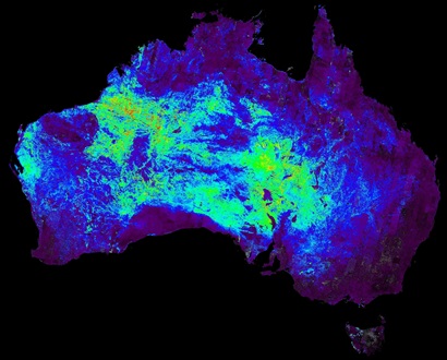 ASTER map of Australia showing distribution of silica deposits represented by diffferent colours for different concentrations.