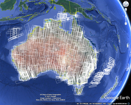 google earth image showing Australia covered in white rectangles representing all the data that has been collected so far rom the satellite and available via the novasar-1 national facility data hub.