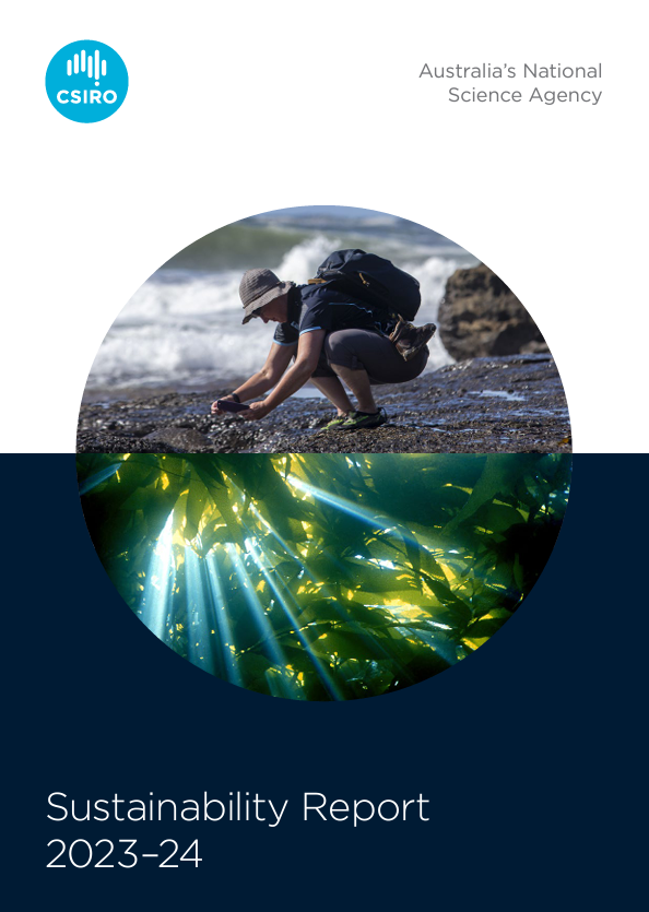 An image of kelp and a person inspecting a beach landscape as the cover of the CSIRO Sustainability Report 2023-24.