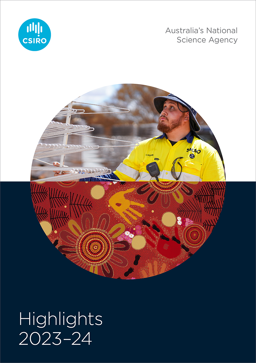 Top image: Wajarri Yamaji man and SKA-Low field technician Lockie Ronan holds one of the 131,072 antennas that will make up the SKA Observatory (SKAO)’s SKA-Low telescope in Western Australia, being built at Inyarrimanha Ilgari Bundara, our Murchison Radio-astronomy Observatory under Wajarri Yamaji sky and stars. Credit: SKAO.  Bottom image: Susan Merry, Our Home, 2023 (detail). Our Home by Wajarri Yamaji artist Susan Merry was created during the SKAO Council’s first visit to Australia and the observatory site, where Council members contributed handprints to the artwork under Susan’s guidance. See inside cover for full painting story.  We acknowledge the Wajarri Yamaji as Traditional Owners and Native Title Holders of the Inyarrimanha Ilgari Bundara, our Murchison Radio-astronomy Observatory site.