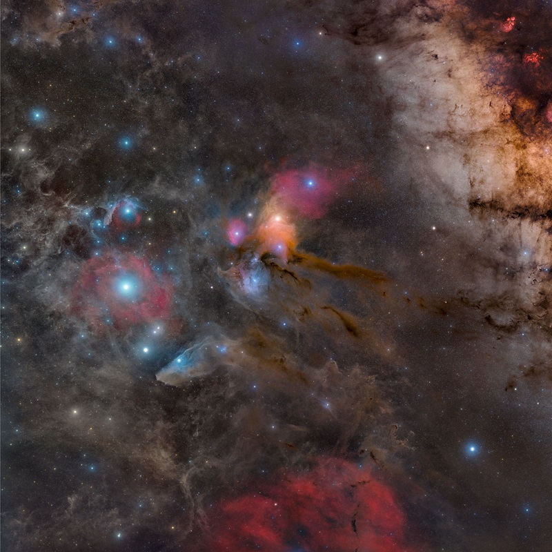 scattered bright blue stars within clouds of dust and gas. Patches of gas are brightly coloured red, orange and pink.