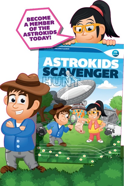 Cartoon of two children holding a very large version of the 'Astrokids Scavenger hunt' booklet