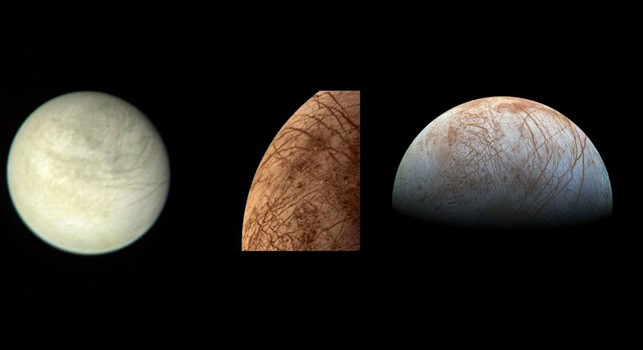 a white fuzzy globe on the left, a closer segment in the middle shows orangey surface with lines etched across the surface, on the left a white blue hemisphere with orange lines and marks across the surface in even sharper detail. 