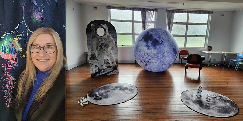 Profile photo of Jen Malone and image of inflatable moon, moon shaped mats and astronaut life-sized cut out in a classroom