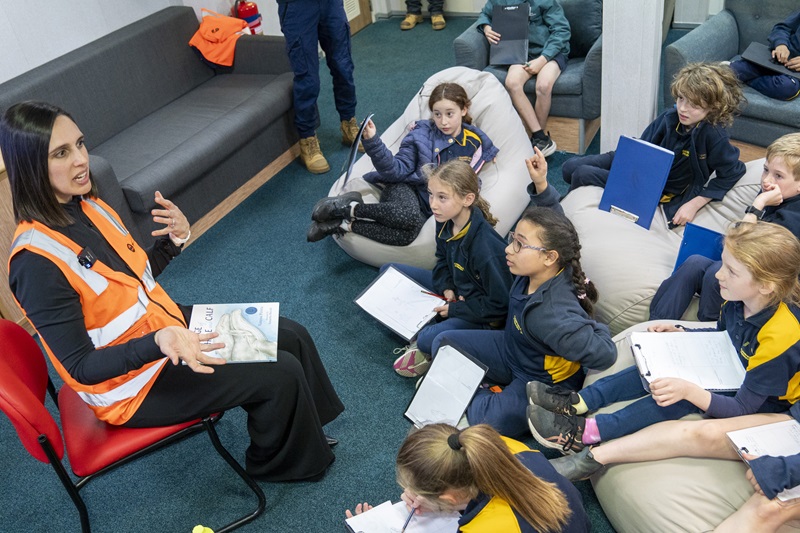 Dr Vanessa Pirotta speaks to year 3 students about whales on board the RV Investigator