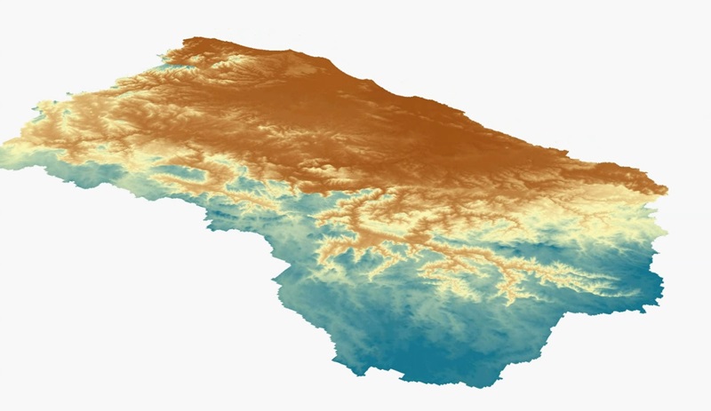 A still image of the LiDAR data across the Northern Rivers region. Topographic LiDAR specifically focuses on mapping land surfaces. In this image the blue colour means high elevation and brown represents low-lying areas. You can see the valleys in the front of the image (which stretch out like fingers) where the rivers form. Image by CSIRO. 
