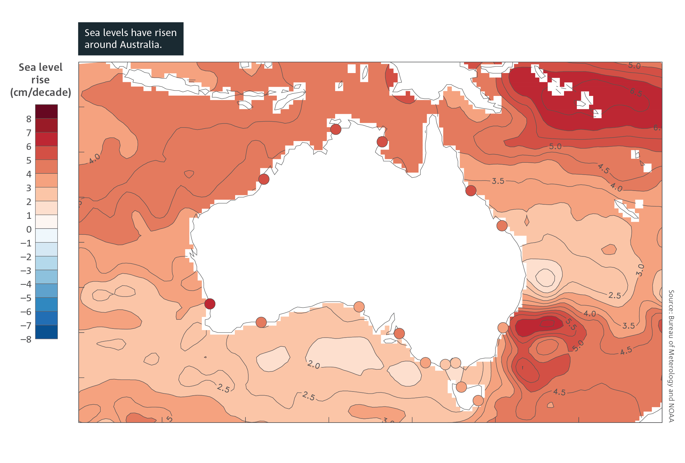 Map of Australia which shows the rate of sea level rise (in cm per decade) measured using satellite altimetry from 1993 to 2023, with coloured dots at points along the Australian coastline showing trends as measured by tide gauges. The rate of rise varies, with the greatest rises to the south-east of Australia. For a full description of this figure please contact: helpdesk.climate@bom.gov.au]  