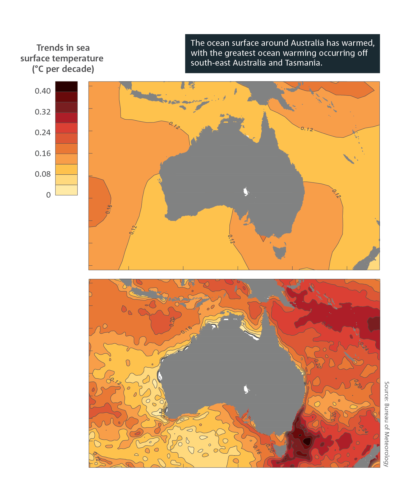 Map of the Australian region, which shows trends in mean annual sea surface temperatures from 1950 to 2023 (top map) and from 1981 to 2023 (bottom map). The highest temperature change since 1981 (0.4 degrees Celsius per decade) appears in the Tasman Sea, and off the east coast of NSW. For a full description of this figure please contact: helpdesk.climate@bom.gov.au] 