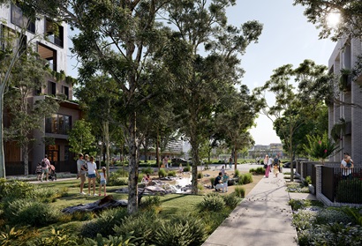 An artist impression of families enjoying outdoor green spaces including a man-made creek and soccer oval. The artist impression of Sydney Science Park and is subject to change. © Celestino.