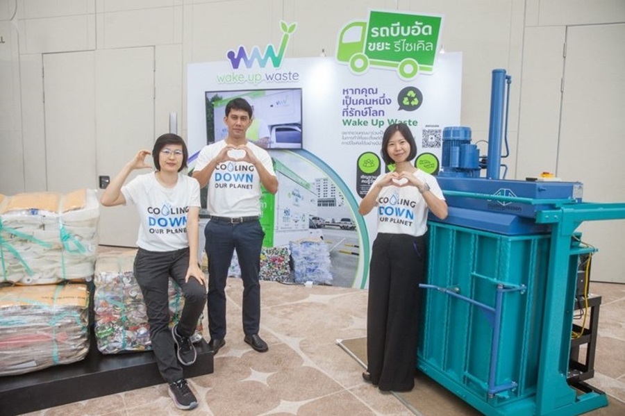 Thailand startup Wake Up Waste posing for a photo in their factory