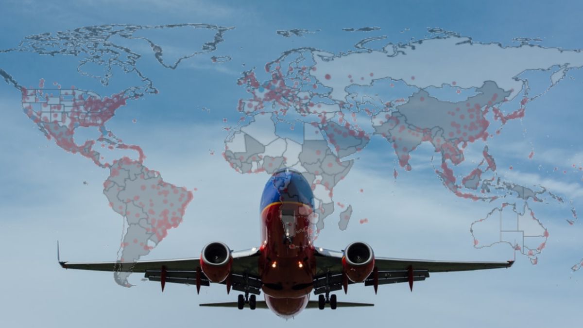 Aeroplane flying in the sky with a map of the world superimposed in the background.