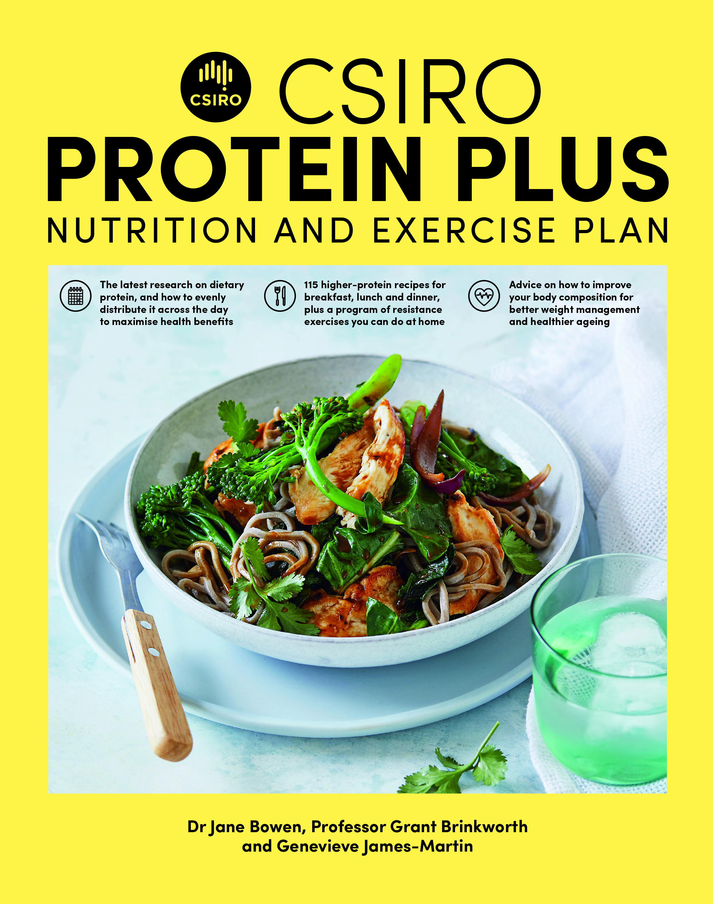 Front cover of the CSIRO Protein Plus Nutrition and Exercise Plan book with book title and an image of some recipes