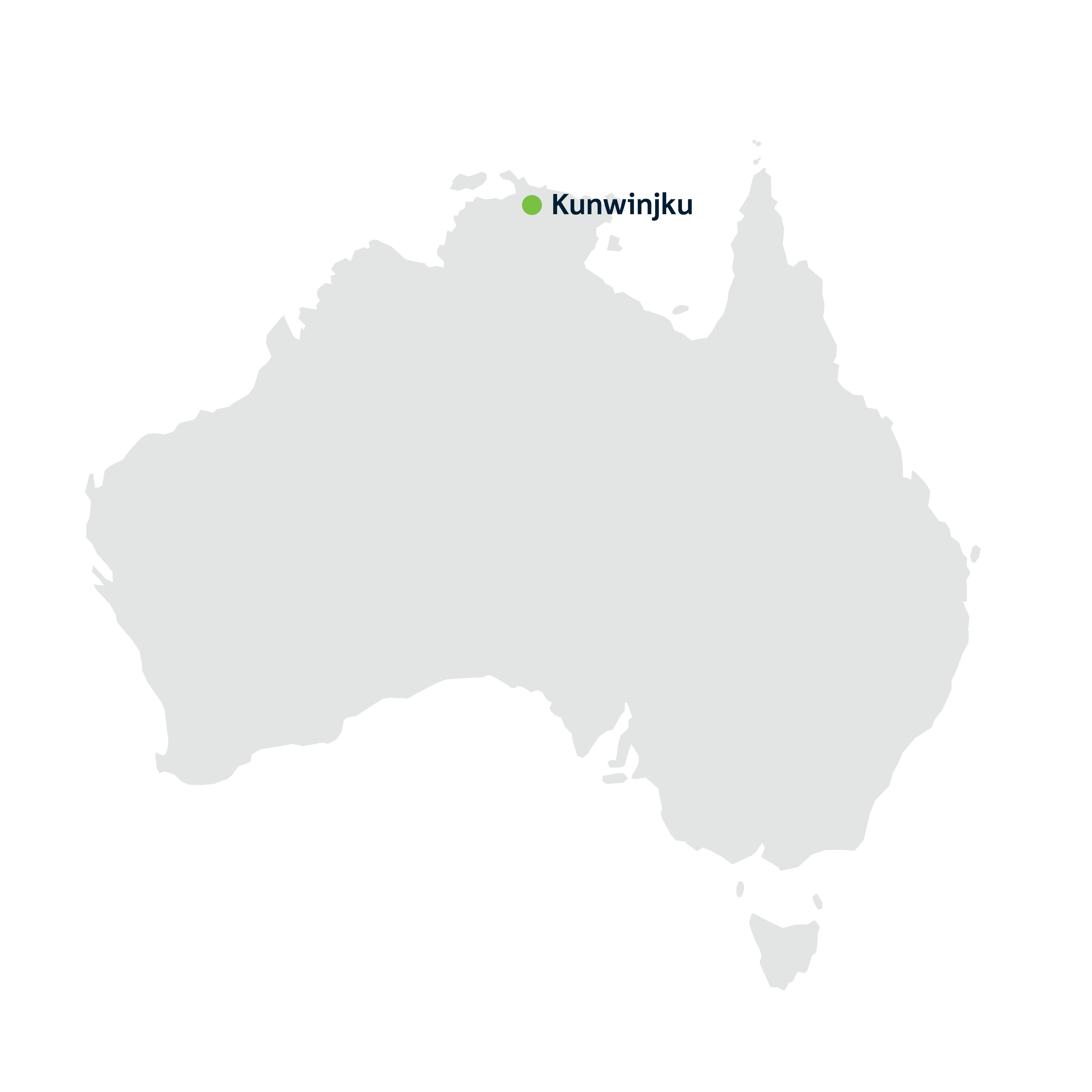 A map of the Australian landmass. In the north of the country is a drop-pin labelled 'Kunwinjku'.