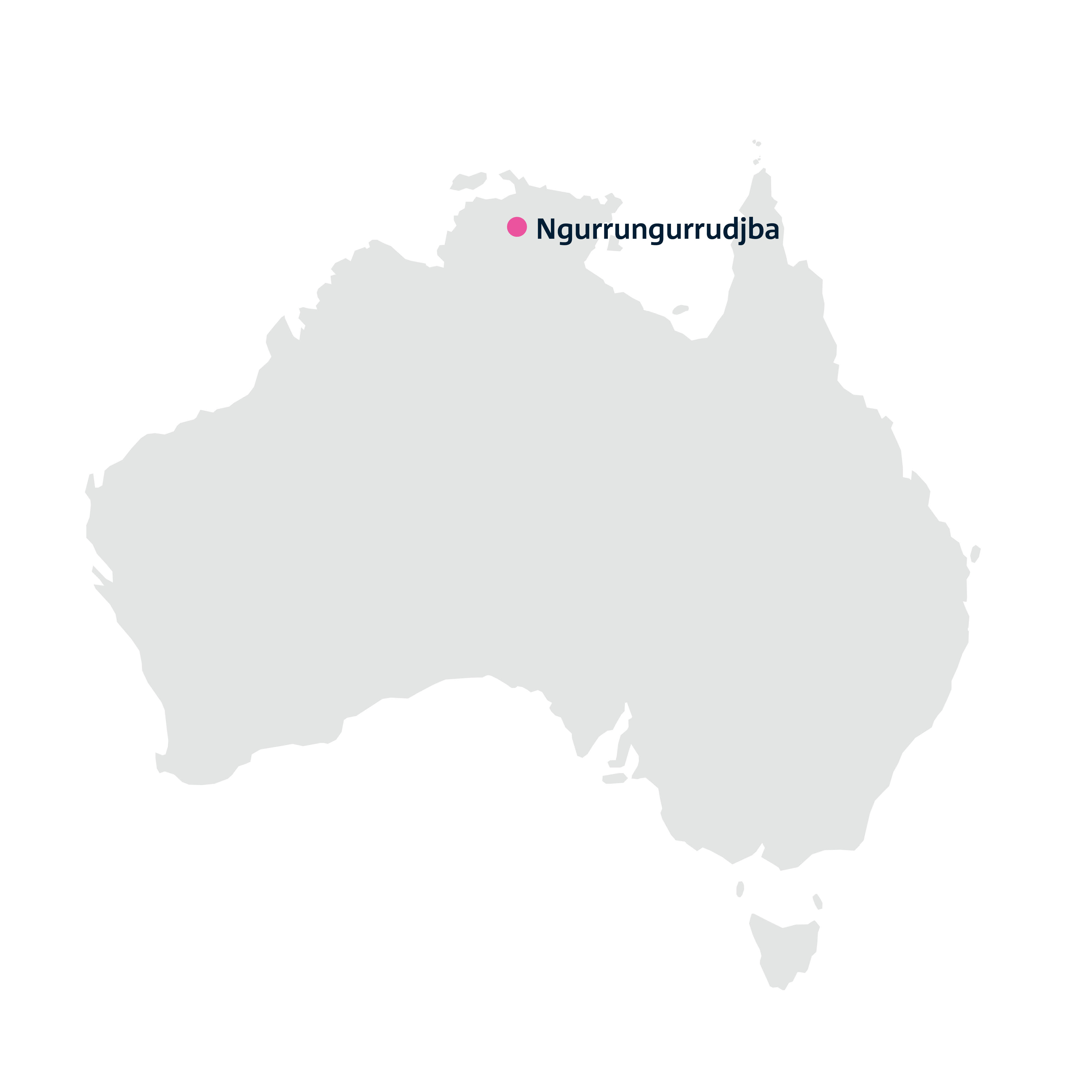 A map of the Australian landmass. In the north of the country is a drop-pin labelled 'Ngurrungurrudjba'.