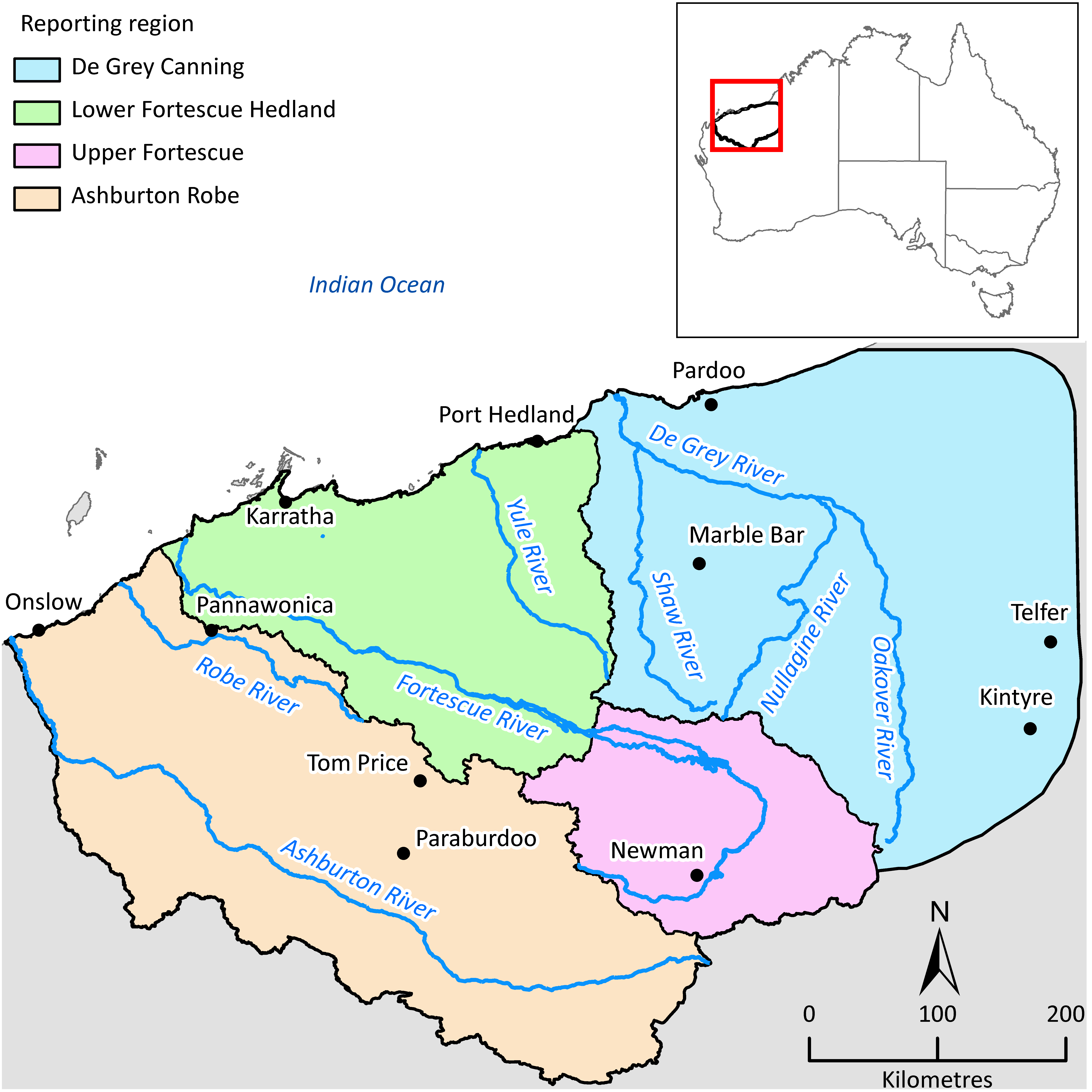 A map showing a highlighted area in north western Australia, which is divided into four sections called Ashburton Robe, De Grey Canning, Lower Fortescue and Upper Fortescue. The area's major rivers are indicated on the map.