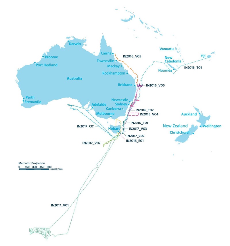 Map of Australia, New Zealand, Pacific Islands and extending down into the southern ocean showing an overview of the MNF voyage schedule for 2016–17.