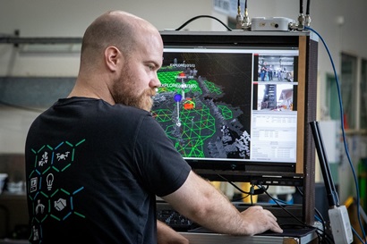 Man working at computer terminal