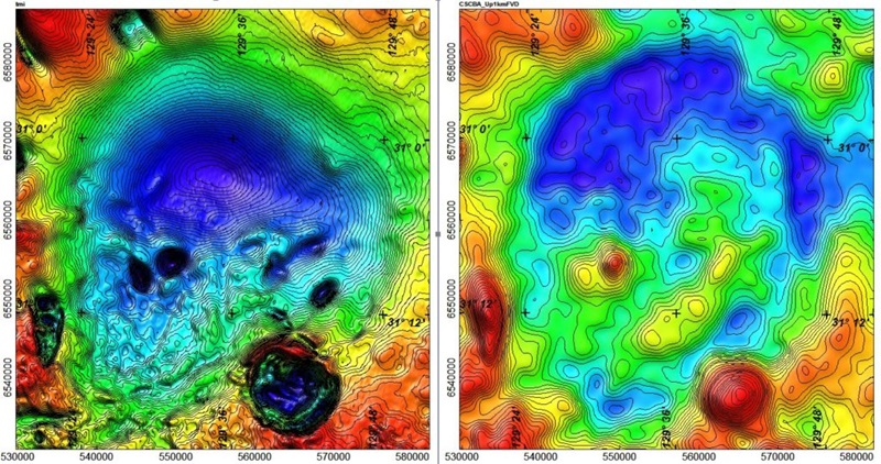Two contour maps of the main Coompana Magnetic Anomaly with surrounding satellite bodies (left image being the magnetic field and the right being an enhancement of the gravity field)