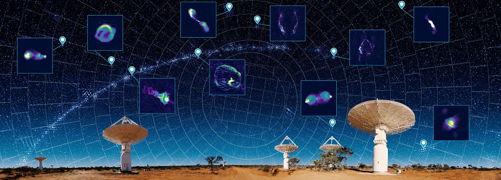 Graphic of the ASKAP and night sky above depicting a map of the universe with insets showing a variety of astronomical features next to a map pin similar to a geographical map.. 