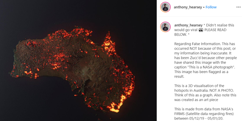 Instagram post of a visualisation of bushfire hotspots in Australia. Map of Australia with fire hotspots.