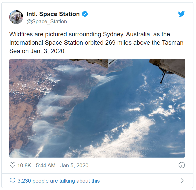 Image of the wildfires surrounding Sydney, Australia from the International Space Station, orbiting 269 miles above the Tasman Sea.