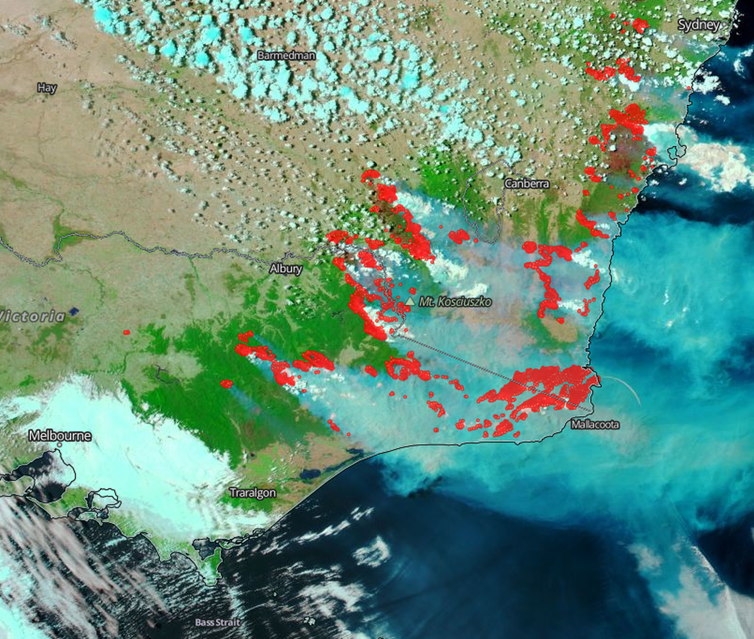 Satellite image with false colour depiction of South East Australia, meaning the smoke is transparent grey, and red is shown where bushfires have recently burnt. Hotspots for bushfires have been overlaid in red. 