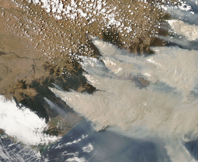 Satellite image with true colour depiction of South East Australia. Shows clouds of murky brown colour over the coastline, brown and green landscape below.