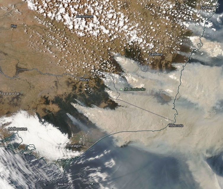 Satellite image with true colour depiction of South East Australia, including features such as landmarks, cities and towns, and the coastline border and state border. Shows clouds of murky brown colour over the coastline, brown and green landscape below.