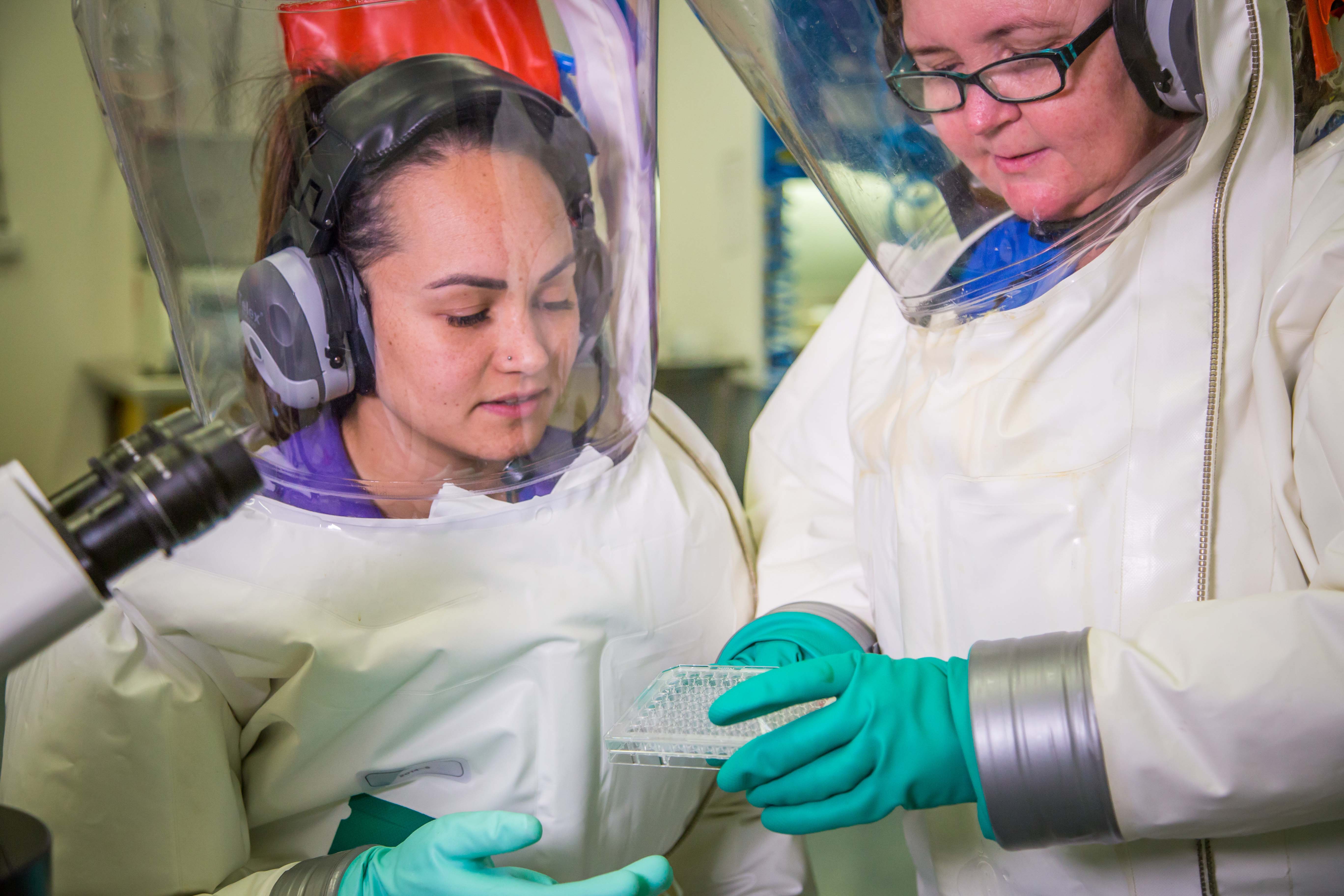 Two scientists in hazmat suits working in the secure area at CSIRO's Australian Animal Health Laboratory (AAHL) 