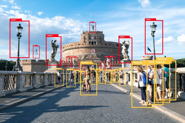 Object detection software looking at a tourist site in Europe, scanning people.