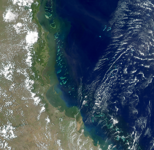 Satellite image of the Central Great Barrier Reef showing extent of land-based runoff.