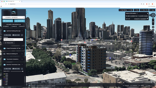 A Terria digital twin image showing Melbourne buildings for 3D planning. 