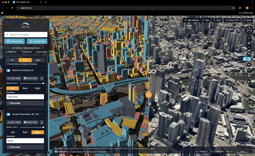 A Terria digital twin image, showing a split screen display of Melbourne 3D buildings. 