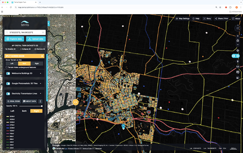 A Terria digital twin image, showing a Melbourne map and split screen.