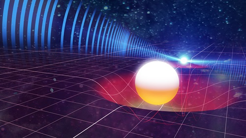 Artist's impression showing a companion white-dwarf star orbiting a pulsar. The dense companion warps the fabric of spacetime, compressing it, and delaying the pulses coming from the pulsar. 
