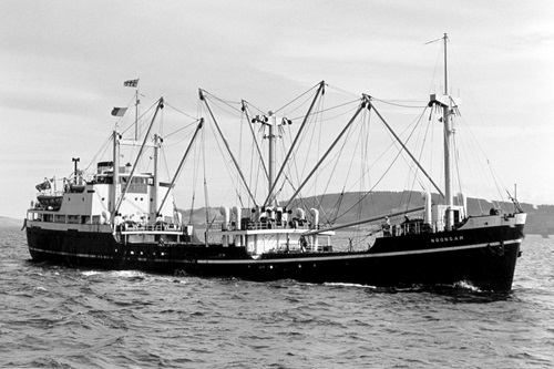 A black and white photo of a ship in a river.