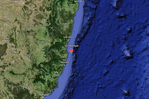 Map of the NSW coastline showing a pin dropped for the location of a shipwreck.