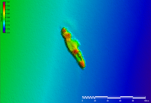 A colourful image sowing mapping of a shipwreck on the seafloor.