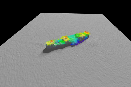 A colourful image of mapping of a wreck on the seafloor.
