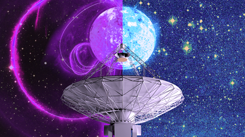 Artist’s depiction of CSIRO’s ASKAP radio telescope with two versions of the mysterious celestial object: neutron star or white dwarf? 
