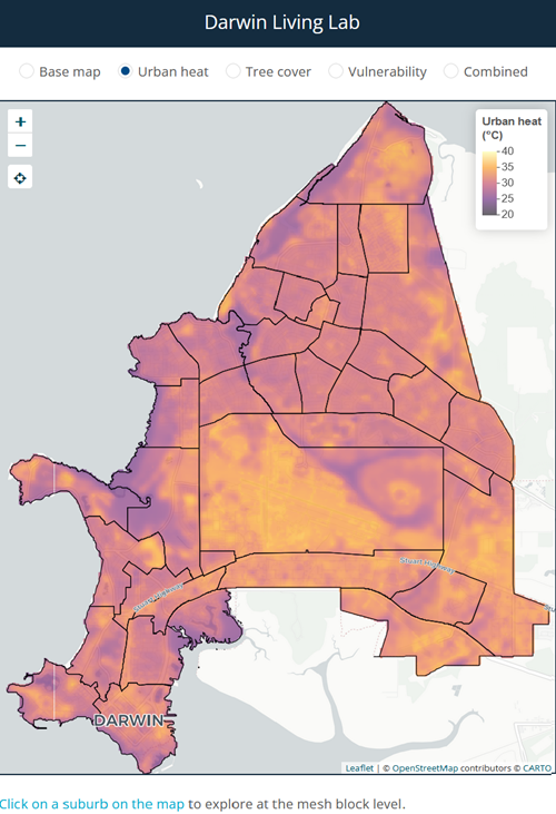 Urban heat islands are caused by built structures—such as buildings, roads, and pavements—that absorb and retain heat during the day, releasing it slowly at night. The portal’s interactive heat map provides a visualization of urban heat patterns across Darwin, highlighting how certain areas, particularly those with less vegetation and more impervious surfaces, experience significantly higher temperatures. Residents can drill down to their suburbs to check the urban heat level.