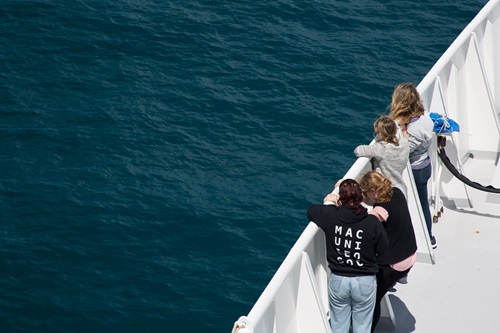 Four people looking over the side of a ship at the ocean.