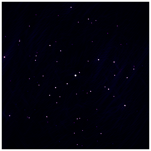 The first image from the SKA-Low telescope on Wajarri Yamaji Country in Western Australia. The image is a dark black section of the sky with about 80 bright white dots throughout representing galaxies as seen in radio light. 