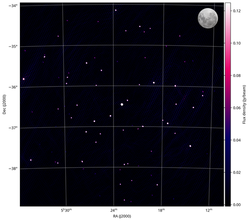 The first image from the SKA-Low telescope on Wajarri Yamaji Country in Western Australia. The image is a dark black section of the sky with about 80 bright white dots throughout representing galaxies as seen in radio light. The dark section of the sky is overlaid with a grid and surrounded by labels demonstrating its size on the sky - about 100 full Moons in size. 