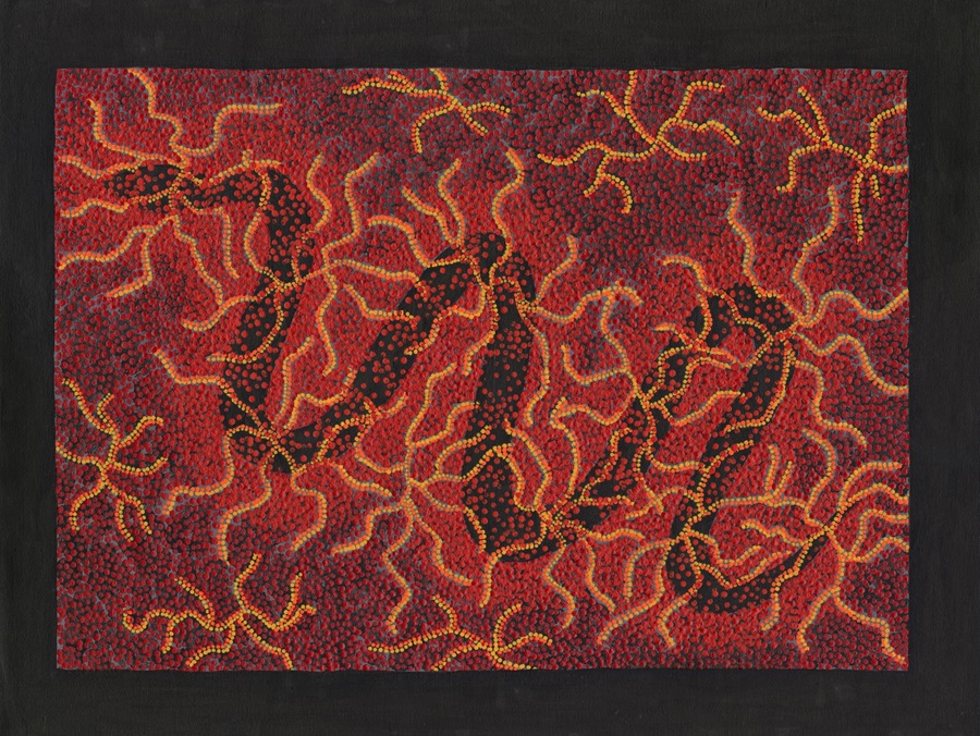 Red orange and yellow dots surround a dark snake, which is radiating energy