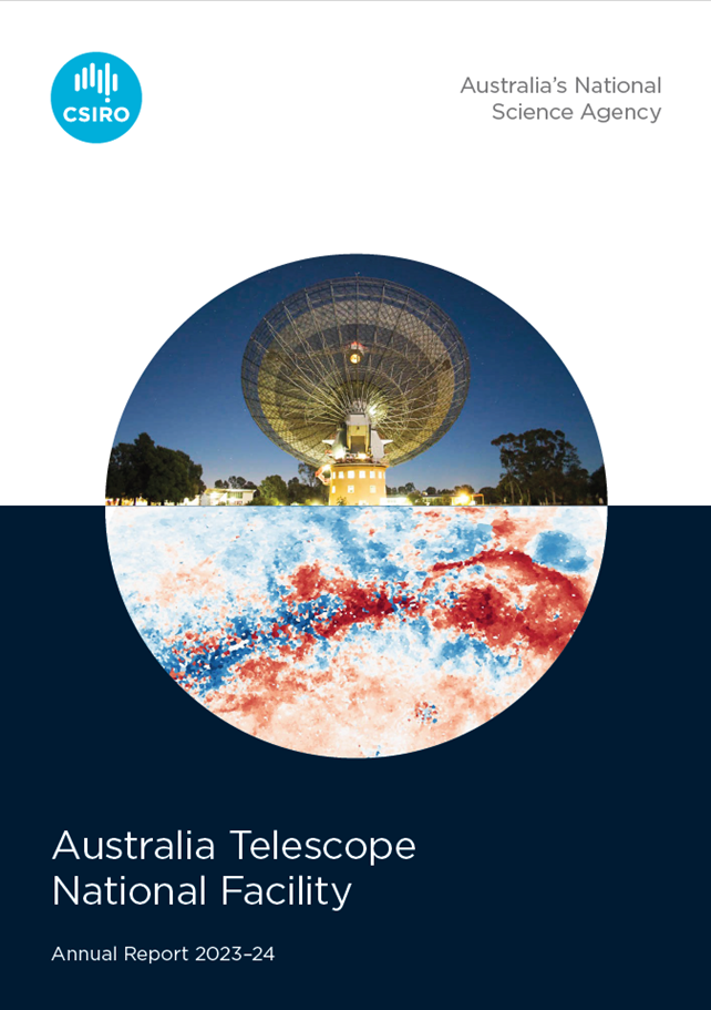 Front cover of a book that shows an image of a telescope dish and a colourful pattern within a circle. Text reads: Australia Telescope National Facility annual report 2023-2024