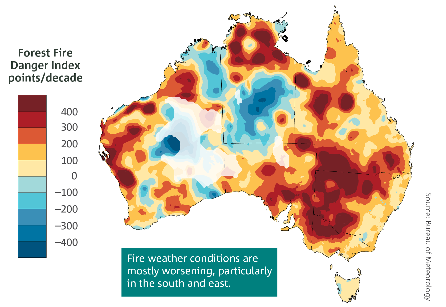  Un mapa de calor de Australia que muestra las tendencias de 1978 a 2017 en la suma anual (de julio a junio) del Índice diario de Peligro de Incendios Forestales.