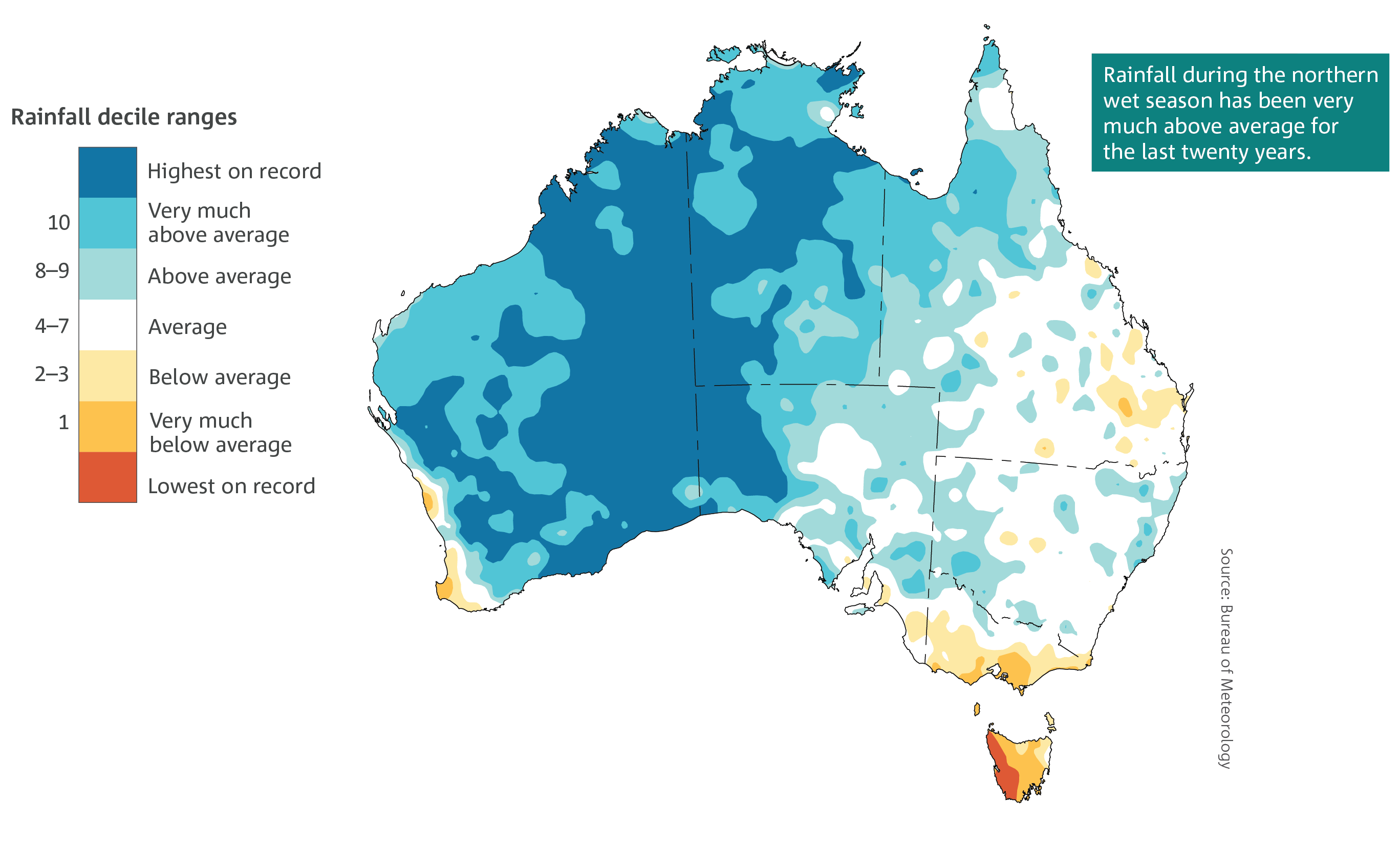 Una mappa decile della stagione delle piogge del nord (ottobre–aprile) decili precipitazioni per gli ultimi 20 anni.