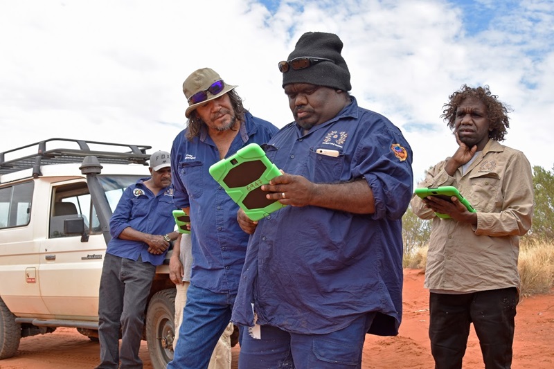 Group of Indigenous rangers out on country holding tablets.