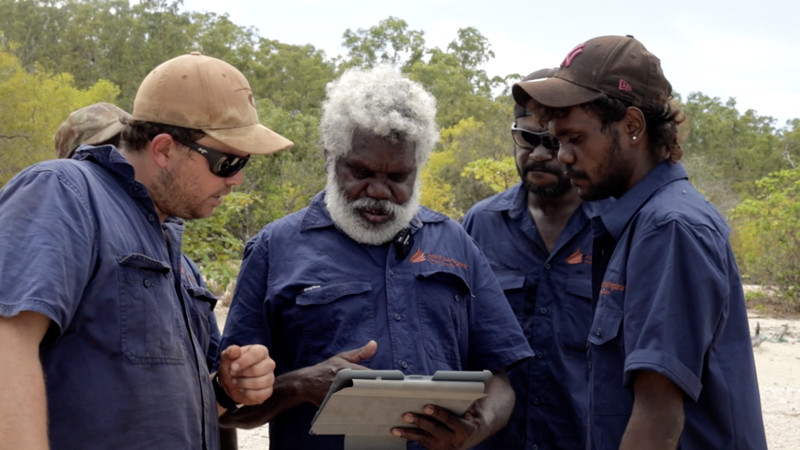 Five men, most of whom are Indigenous rangers, are looking at a tablet together.